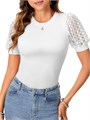 Женская летняя футболка LYANER с кружевным вырезом, пушистыми короткими рукавами и облегающим силуэтом 11293103